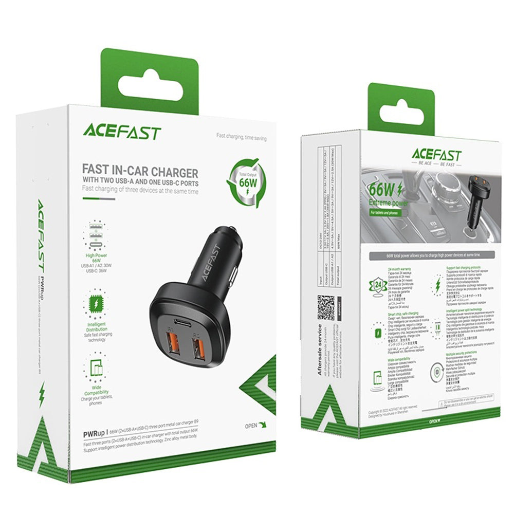 Biloplader Acefast B9, 66W, 5A, 2 x USB-A - 1 x USB-C, Sort