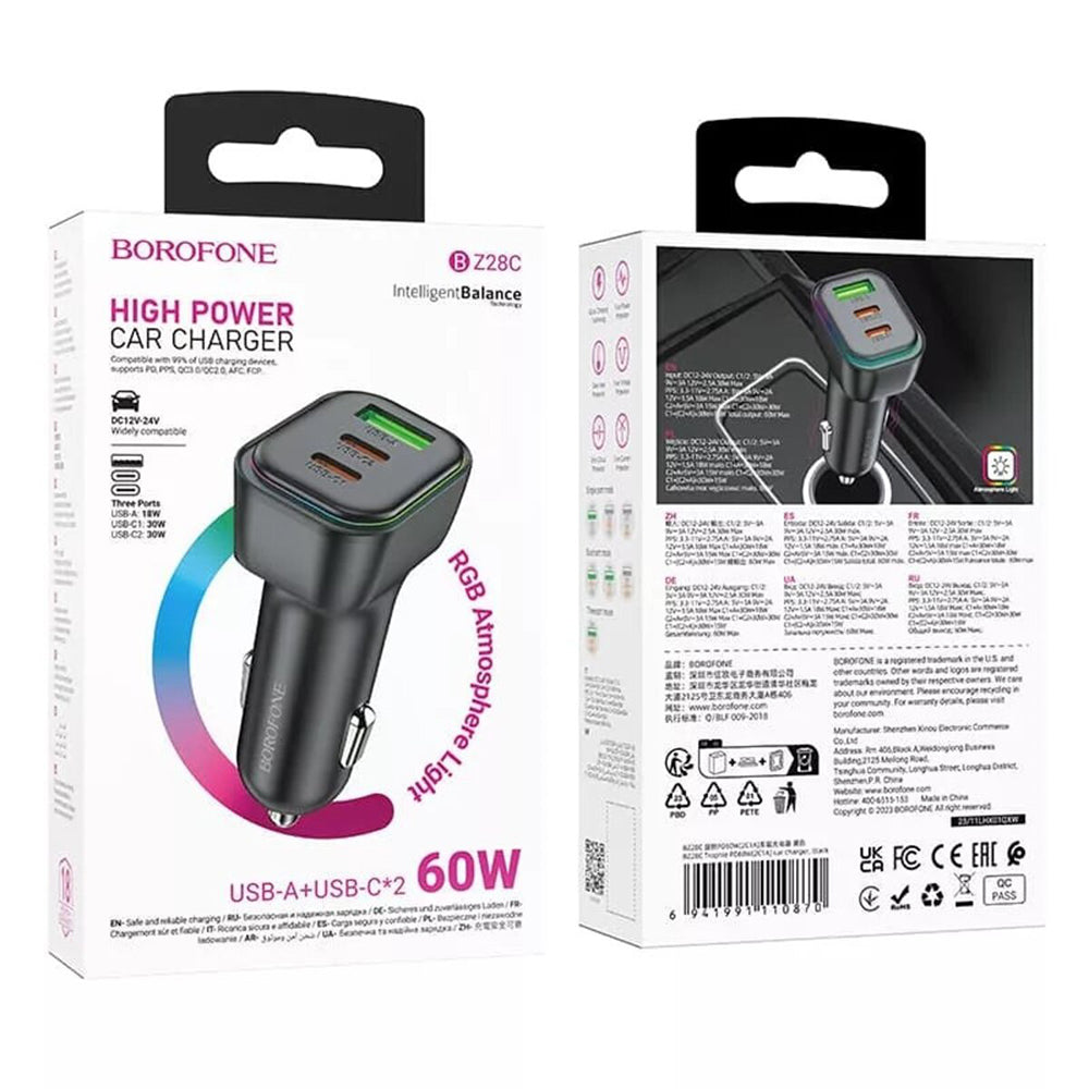 Biloplader Borofone BZ28C Trophie, 60W, 3A, 1 x USB-A, 2 x USB-C, Sort