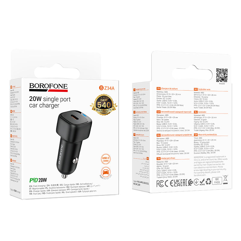 Biloplader Borofone BZ34A Cloud, 20W, 3A, 1 x USB-C, Sort