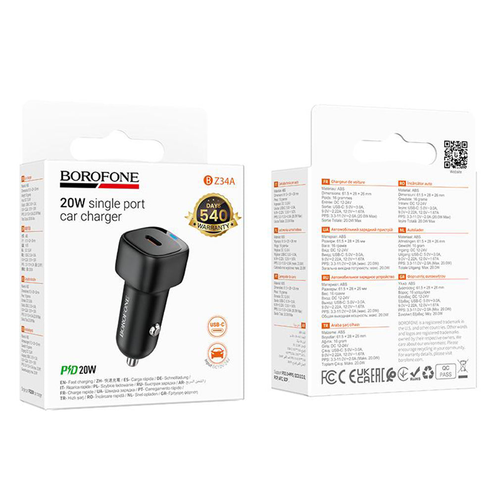 Biloplader Borofone BZ34A Cloud, 20W, 3A, 1 x USB-C, Sort