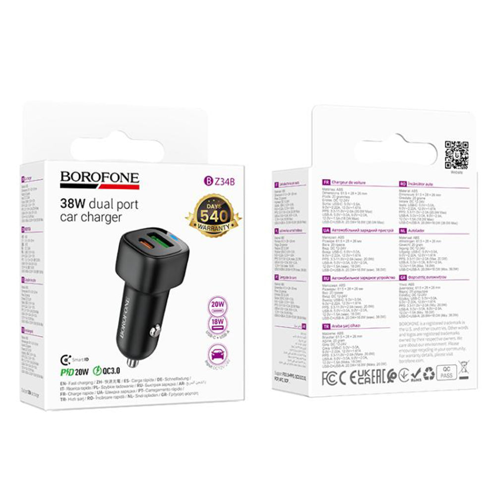 Biloplader Borofone BZ34B Cloud, 38W, 3A, 1 x USB-A - 1 x USB-C, Sort