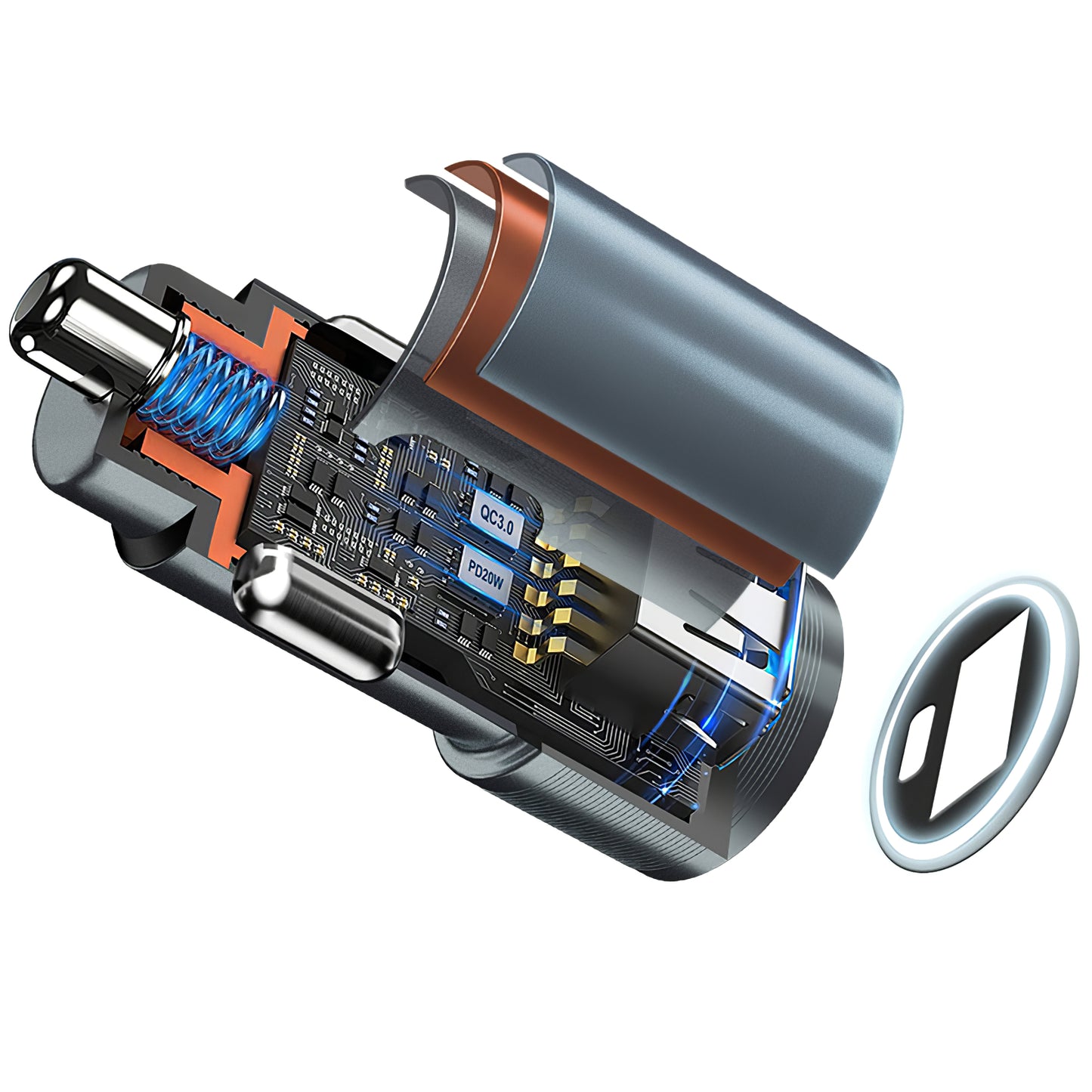 Biloplader BWOO BO-CC73, 38W, 3A, 1 x USB-A - 1 x USB-C, Sølv