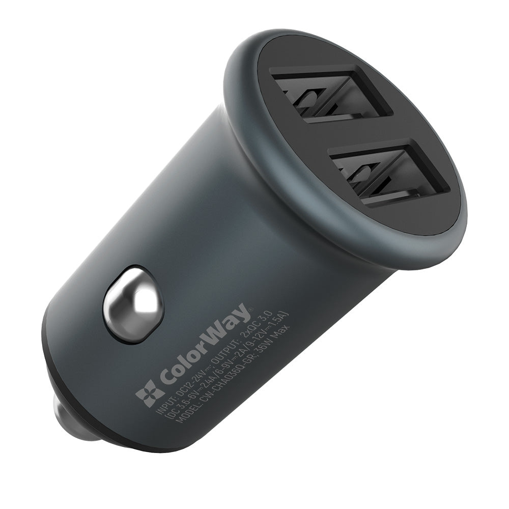 Biloplader ColorWay, 36W, 3A, 2 x USB-A, Grå