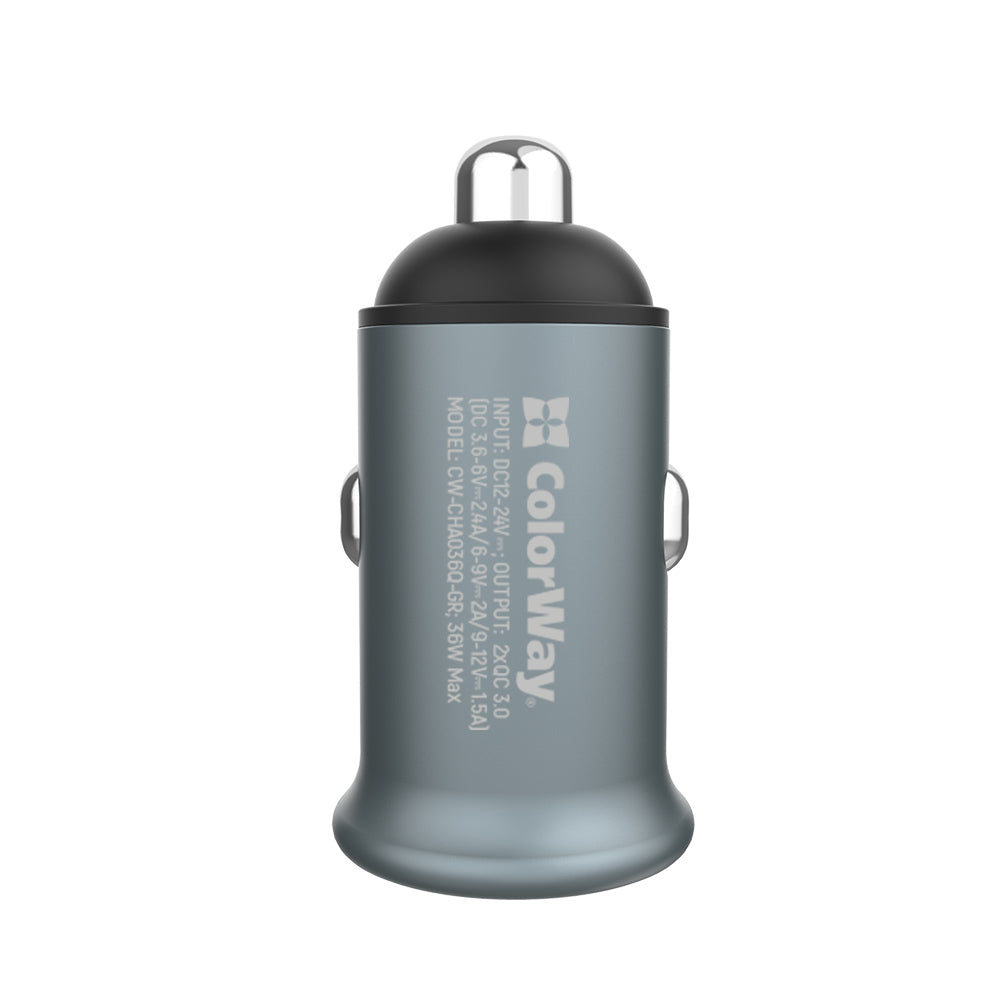 Biloplader ColorWay, 36W, 3A, 2 x USB-A, Grå