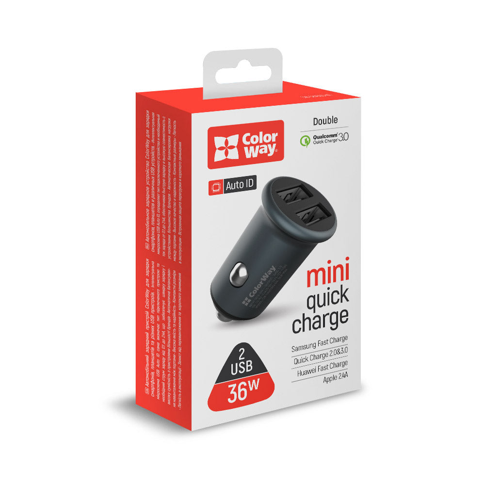 Biloplader ColorWay, 36W, 3A, 2 x USB-A, Grå