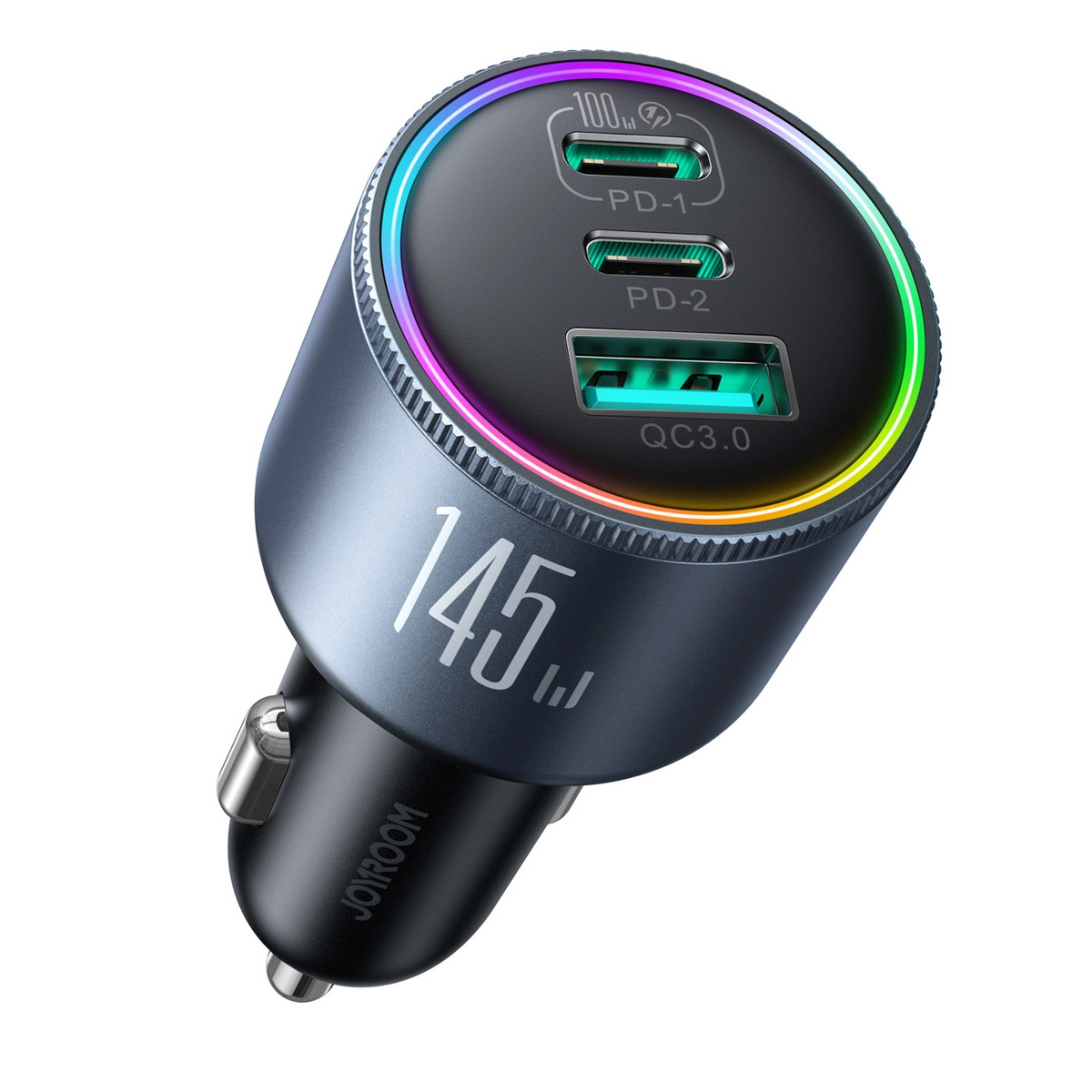 Biloplader med USB-C kabel Joyroom JR-CCN07, 145W, 5A, 1 x USB-A - 2 x USB-C, Grå