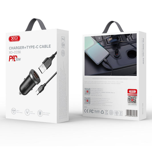 Biloplader med USB-C kabel XO Design CC56, 30W, 3A, 1 x USB-A - 1 x USB-C, Sort