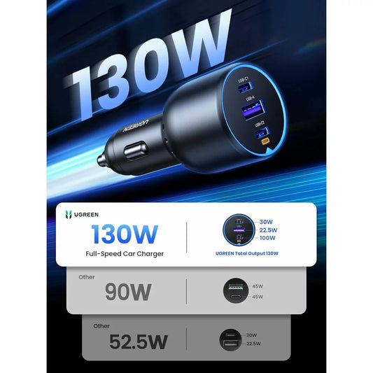 Biloplader med USB-C-kabel UGREEN CD293, 130W, 5A, 1 x USB-A - 2 x USB-C, sort