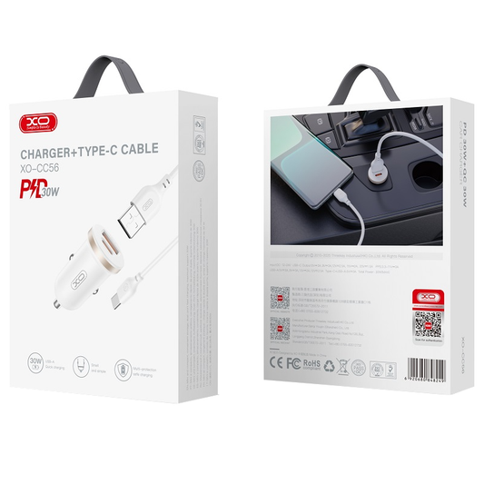 Biloplader med USB-C kabel XO Design CC56, 30W, 3A, 1 x USB-A - 1 x USB-C, Hvid