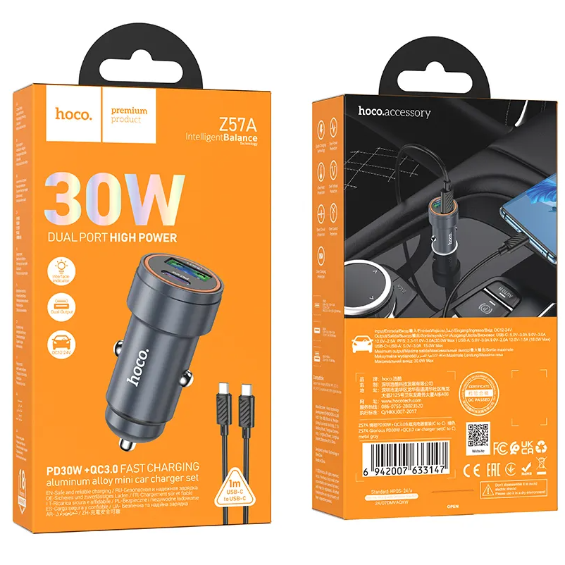 Car Charger with USB-C Cable HOCO Z57A, 30W, 3A, 1 x USB-A - 1 x USB-C, Gray