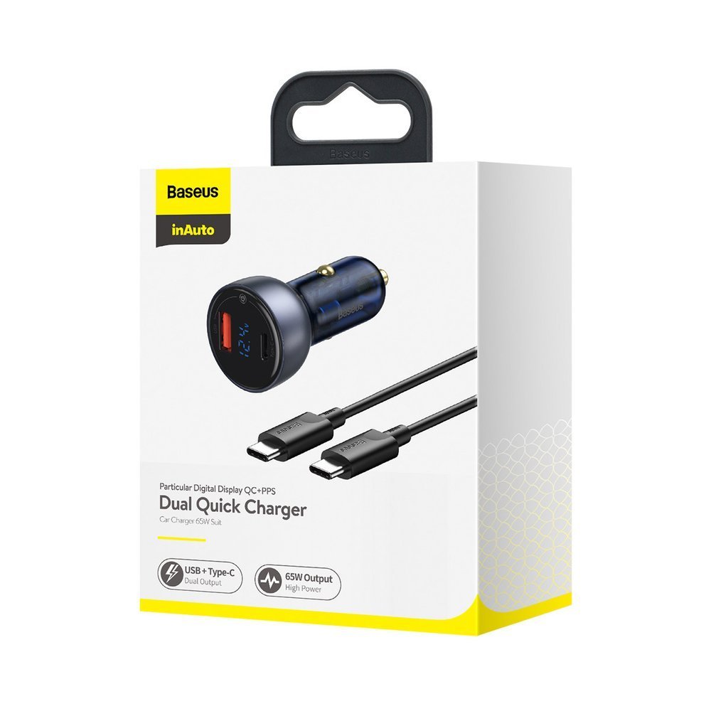 Baseus Digital Display USB-C Cable Car Charger, 65W, 5A, 1 x USB-A - 1 x USB-C, Black TZCCKX-0G