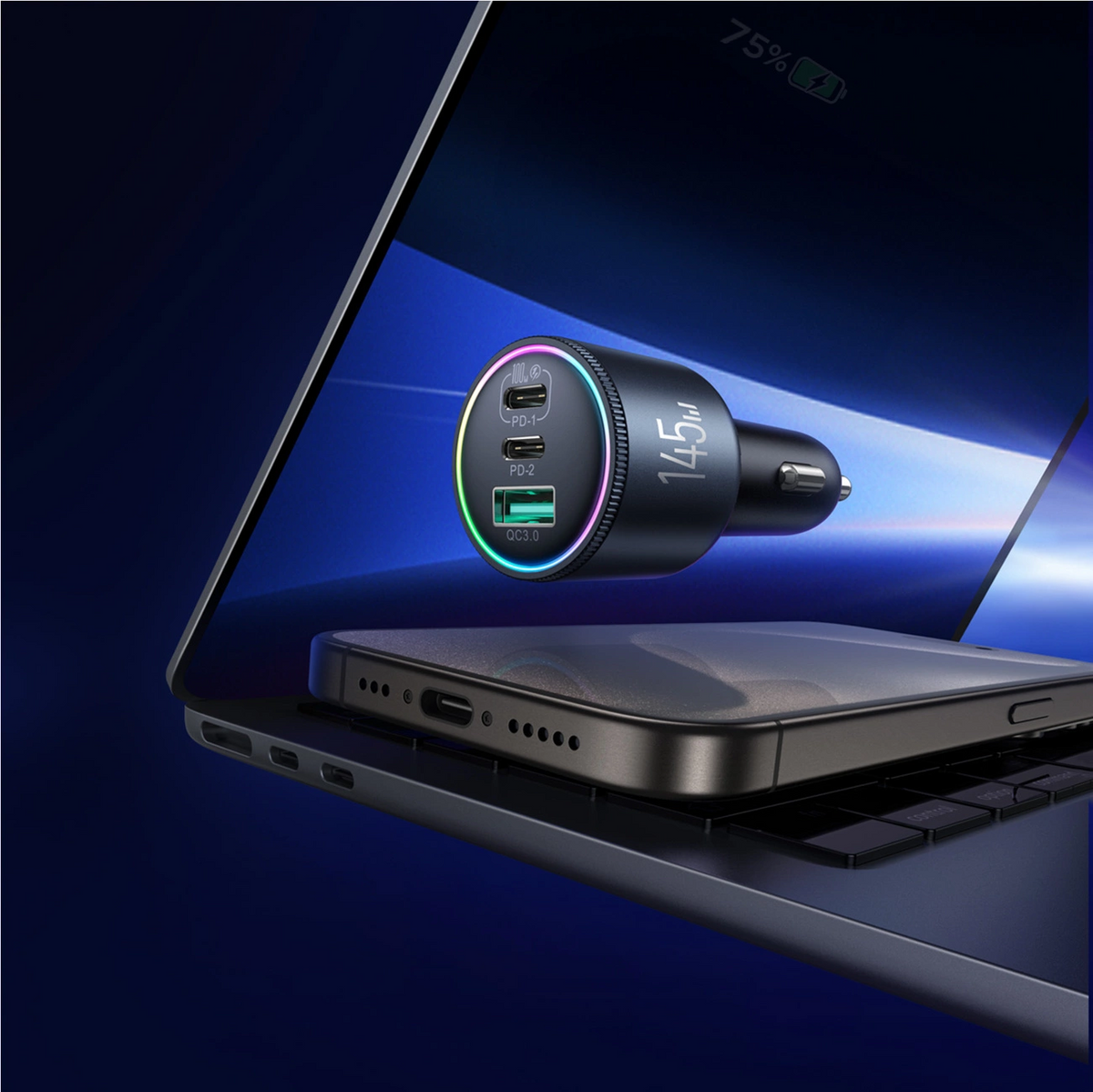 Biloplader med USB-C kabel Joyroom JR-CCN07, 145W, 5A, 1 x USB-A - 2 x USB-C, Grå