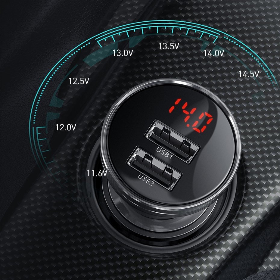 Billader med Lightning - microUSB - USB-C-kabel Baseus Digital Display, 24W, 2,4A, 2 x USB-A, grå TZCCBX-0G