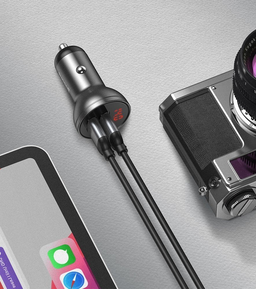 Billader med Lightning - microUSB - USB-C-kabel Baseus Digital Display, 24W, 2,4A, 2 x USB-A, grå TZCCBX-0G