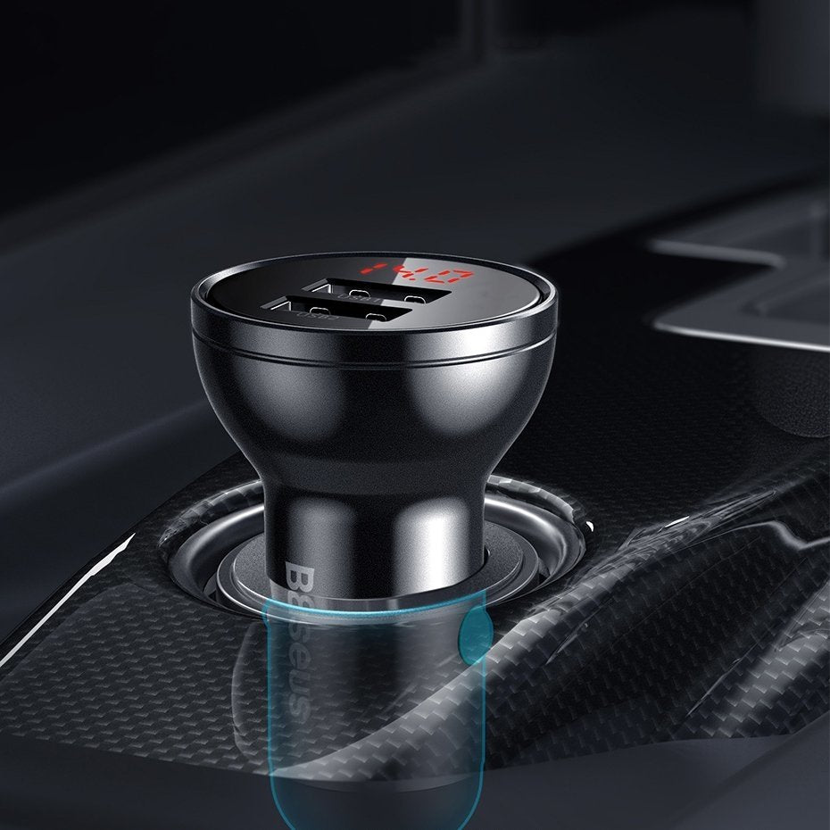 Billader med Lightning - microUSB - USB-C-kabel Baseus Digital Display, 24W, 2,4A, 2 x USB-A, grå TZCCBX-0G