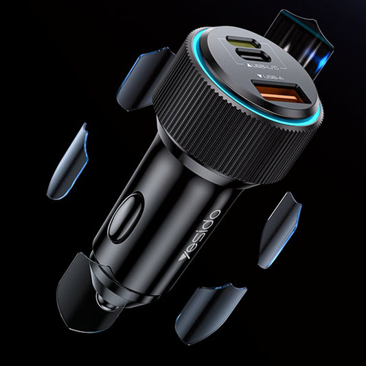 Biloplader med Lightning-kabel Yesido Y60, 38W, 3A, 1 x USB-A - 2 x USB-C, Sort