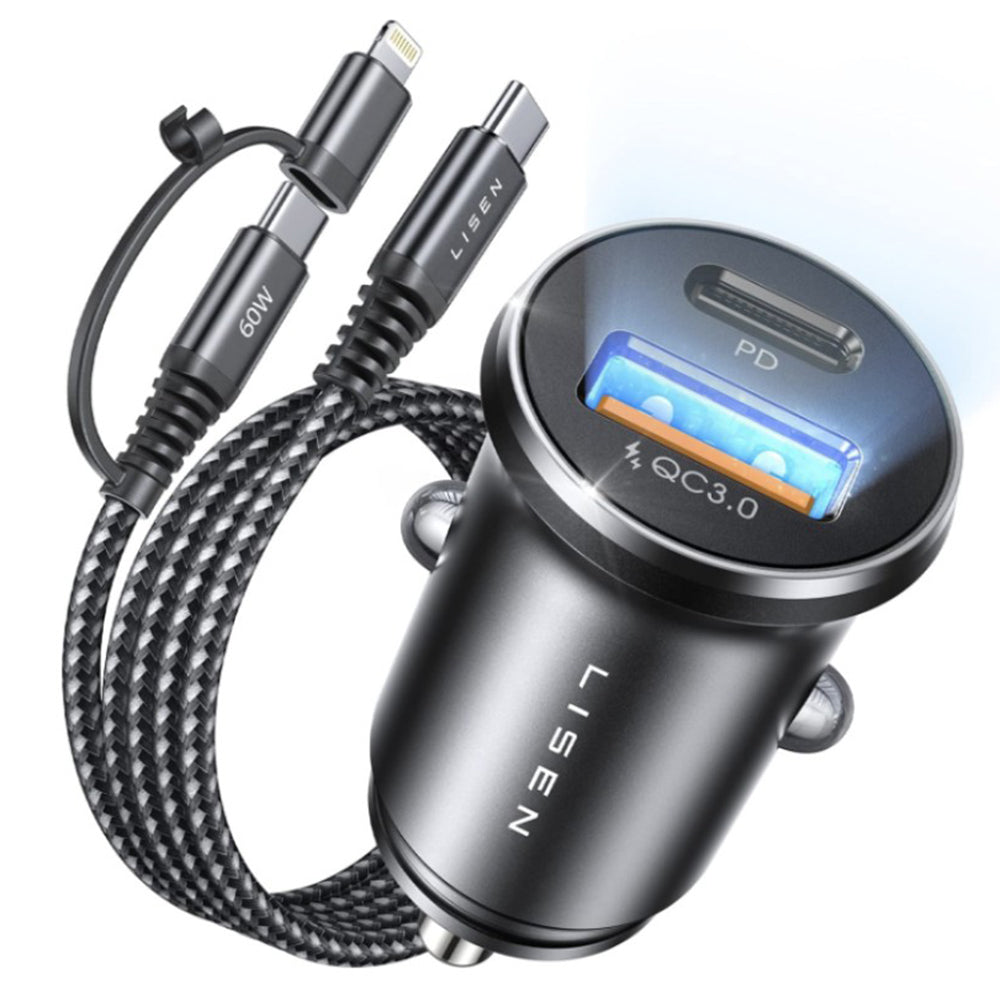 Biloplader med USB-C / Lightning-kabel Lisen, 48W, 3A, 1 x USB-A - 1 x USB-C, Sort YL0223080035