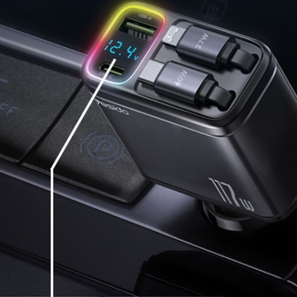 Biloplader med USB-C / Lightning-kabel Yesido Y63 Display, 117W, 3A, 1 x USB-A - 1 x USB-C, Grå