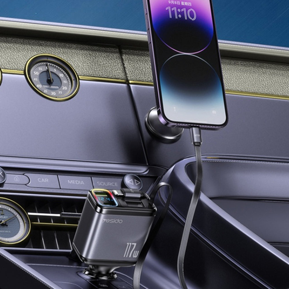 Biloplader med USB-C / Lightning-kabel Yesido Y63 Display, 117W, 3A, 1 x USB-A - 1 x USB-C, Grå