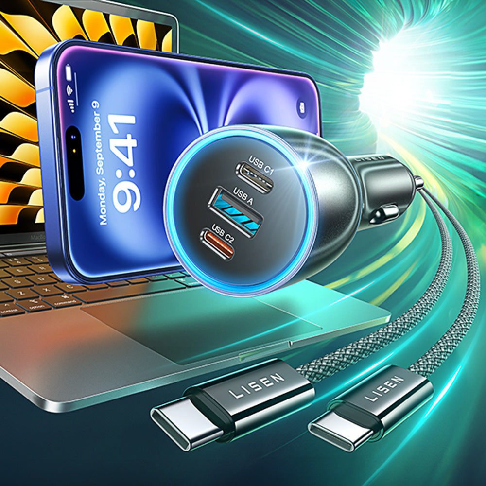 Biloplader med USB-C kabel Lisen, 170W, 5A, 1 x USB-A - 2 x USB-C, Sort YL0224010001