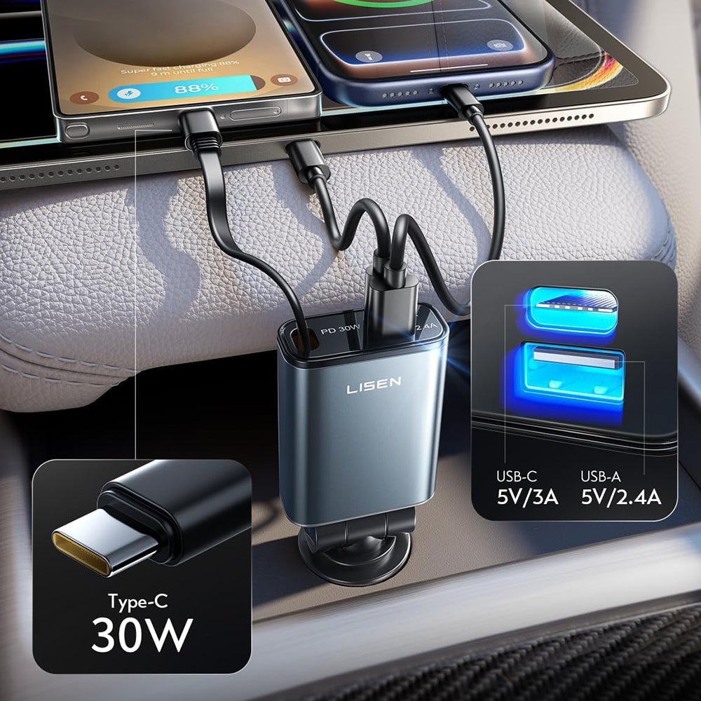 Biloplader med USB-C kabel Lisen, 57W, 3A, 1 x USB-A - 1 x USB-C, Sort YL0325010016