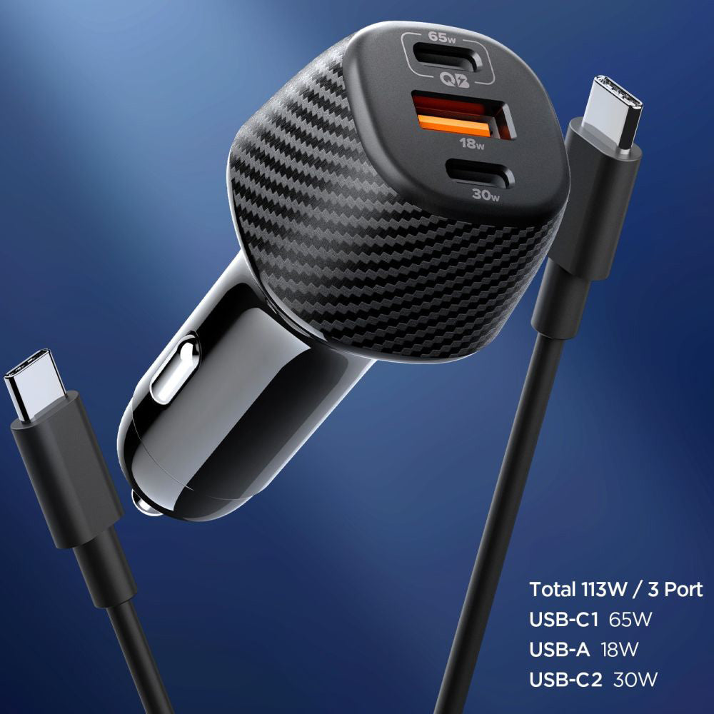 Biloplader med USB-C kabel Spigen EV1133, 113W, 3.25A, 1 x USB-A - 2 x USB-C, Sort