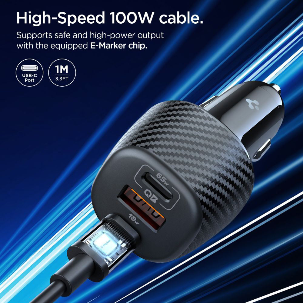 Biloplader med USB-C kabel Spigen EV1133, 113W, 3.25A, 1 x USB-A - 2 x USB-C, Sort