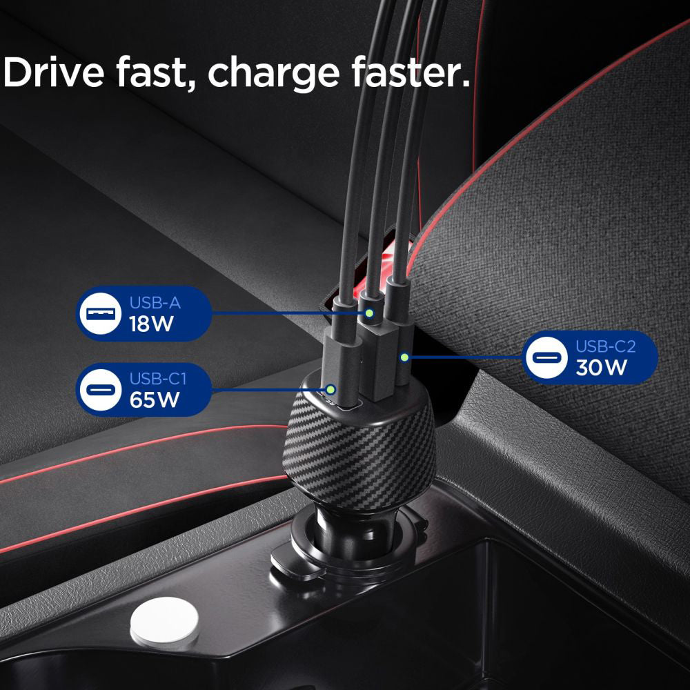 Biloplader med USB-C kabel Spigen EV1133, 113W, 3.25A, 1 x USB-A - 2 x USB-C, Sort