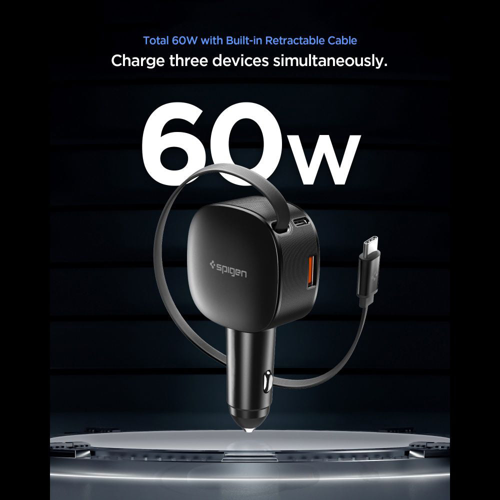Biloplader med USB-C kabel Spigen EV603BT Essential, 60W, 3A, 1 x USB-A - 1 x USB-C, Sort