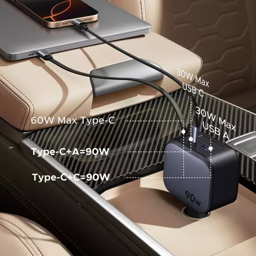 Biloplader med USB-C kabel UGREEN EC603, 90W, 3A, 1 x USB-A - 1 x USB-C, Grå