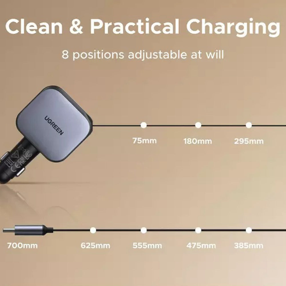 Biloplader med USB-C kabel UGREEN EC603, 90W, 3A, 1 x USB-A - 1 x USB-C, Grå