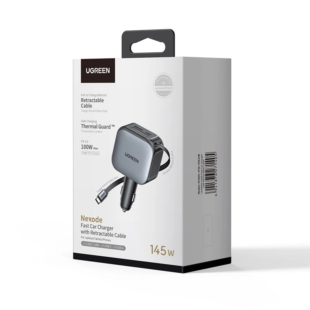 Biloplader med USB-C kabel UGREEN EC604 (55910B) Nexode, 145W, 1 x USB-A - 2 x USB-C, Sort