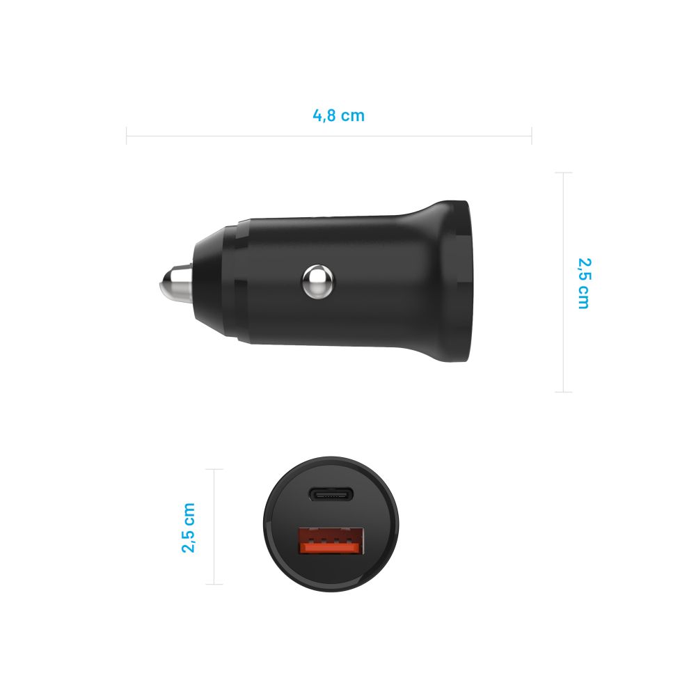 Fast oplader til bil, 20W, 3A, 1 x USB-A - 1 x USB-C, Sort
