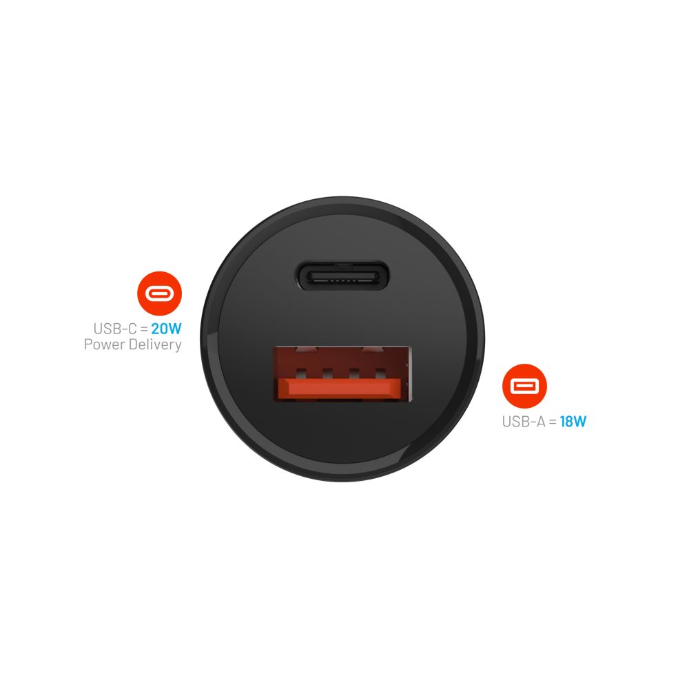 Fast oplader til bil, 20W, 3A, 1 x USB-A - 1 x USB-C, Sort
