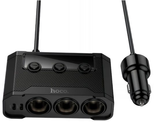 Biloplader HOCO Z64, 15.5W, 3.1A, 2 x USB-A - 2 x USB-C - 3 x Cigarettænderforlængelse, Sort