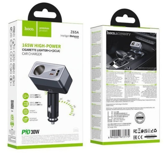 Biloplader HOCO Z65A, 165W, 3A, 1 x Cigaretstikforlænger - 1 x USB-A - 2 x USB-C, Sort