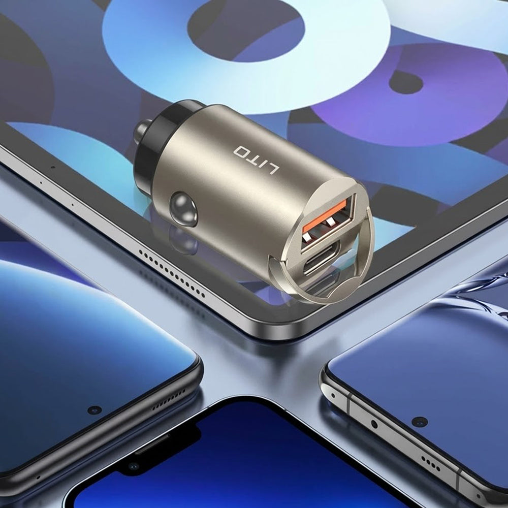 Biloplader Lito IN-C03, 30W, 3A, 1 x USB-A - 1 x USB-C, Grå