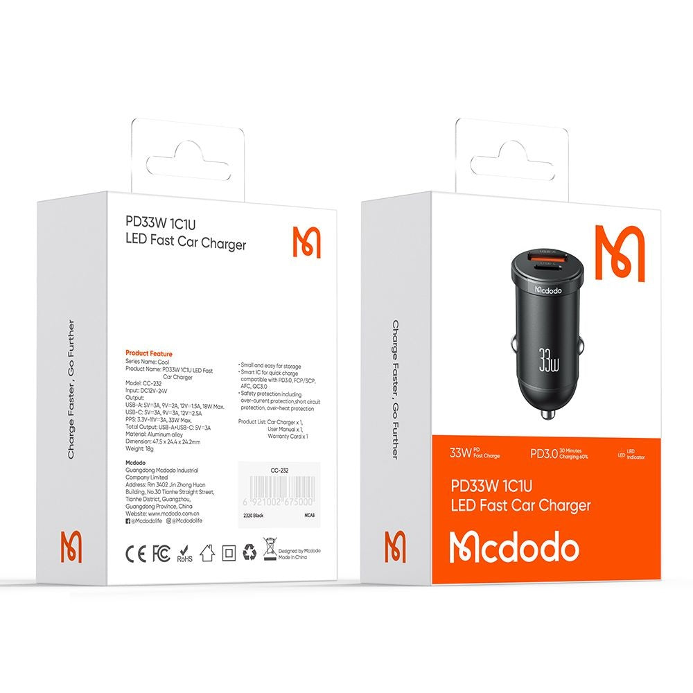Biloplader McDodo CC-2320 Cool, 33W, 3A, 1 x USB-A - 1 x USB-C, Sort