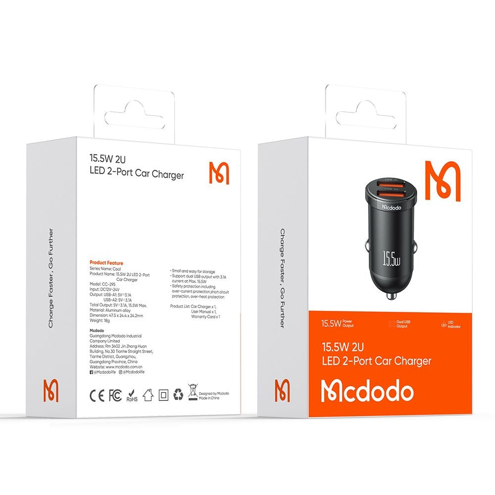 Biloplader McDodo CC-2950 Cool, 15.5W, 3.1A, 2 x USB-A, Sort