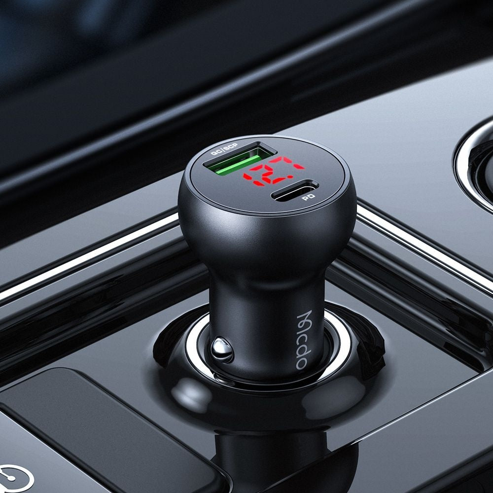 Biloplader McDodo CC-7030 Display, 45W, 5A, 1 x USB-A - 1 x USB-C, Sort