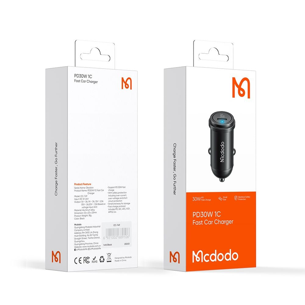 Biloplader McDodo CC-7491 Obsidian, 30W, 3A, 1 x USB-C, Sort