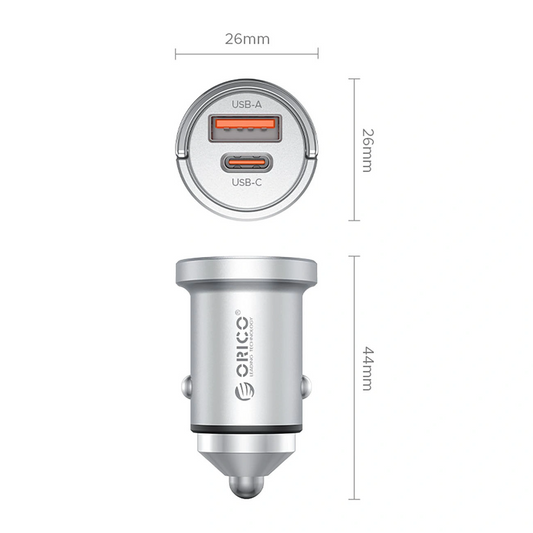 Orico MiniRing Pro Biloplader, 45W, 3A, 1 x USB-A - 1 x USB-C, Sølv