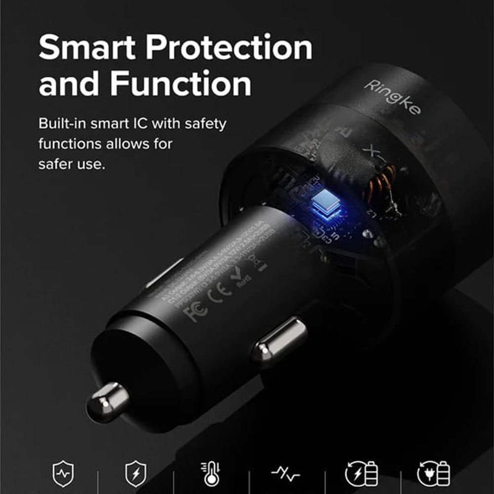 Biloplader Ringke, 30W, 3A, 1 x USB-A - 2 x USB-C, Sort