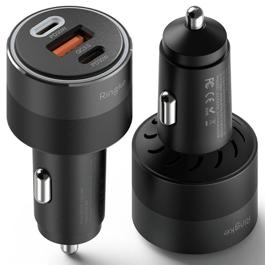 Biloplader Ringke, 30W, 3A, 1 x USB-A - 2 x USB-C, Sort