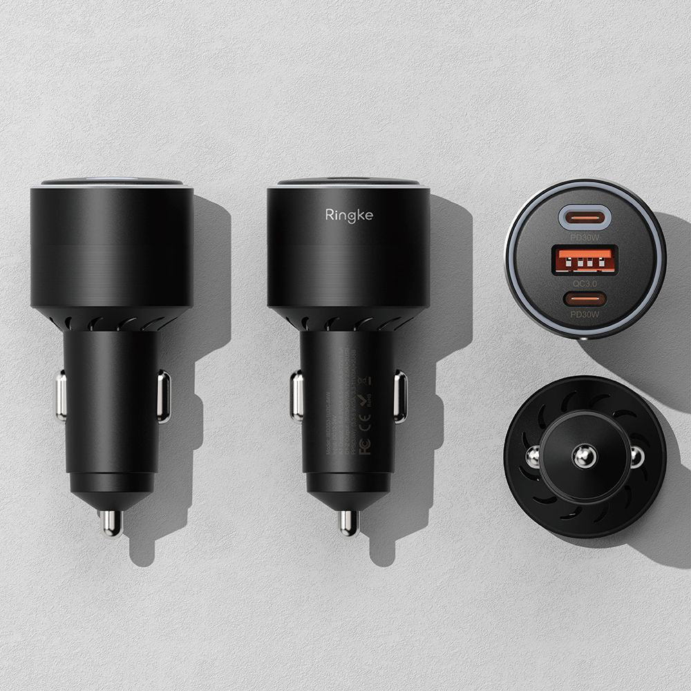 Biloplader Ringke, 30W, 3A, 1 x USB-A - 2 x USB-C, Sort