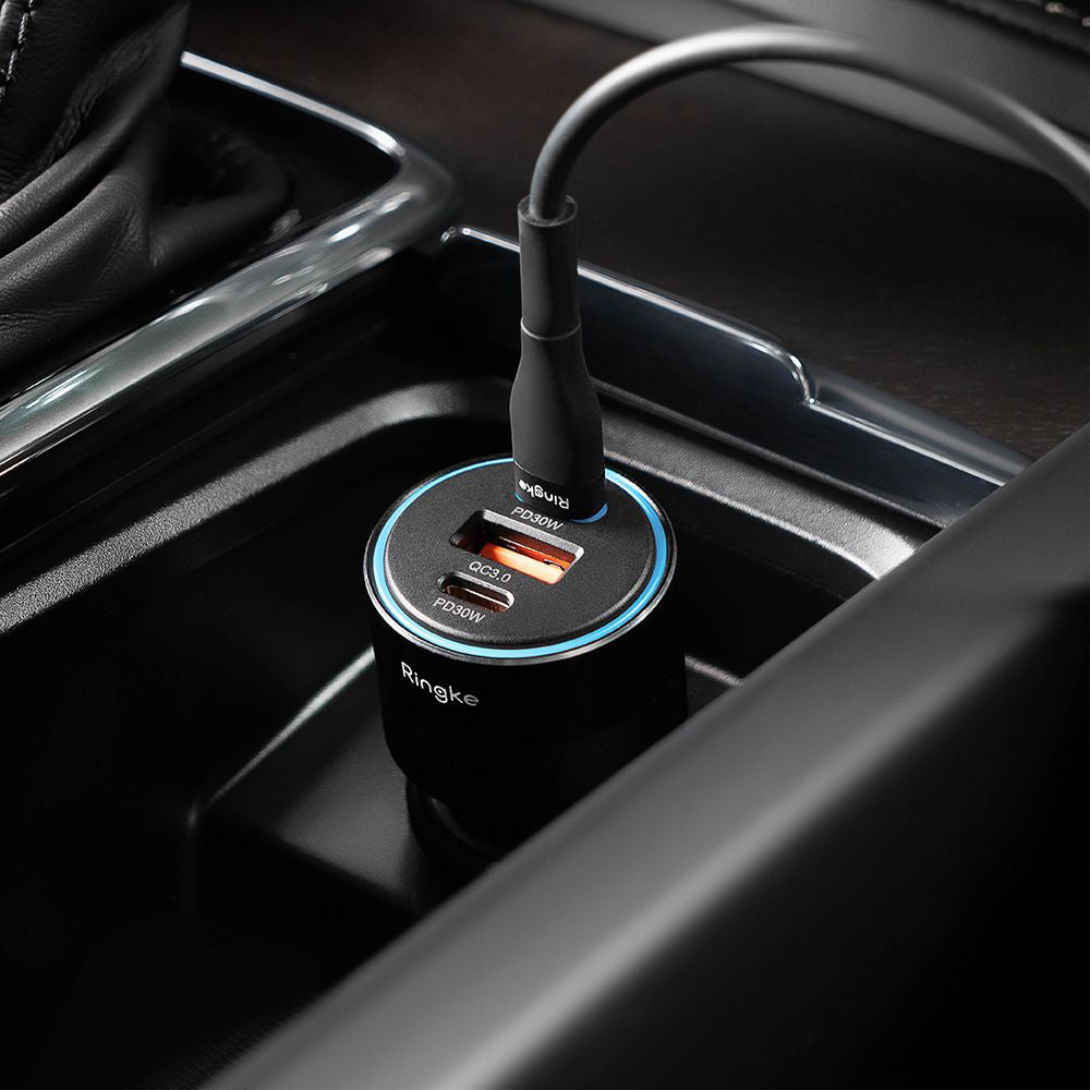 Biloplader Ringke, 30W, 3A, 1 x USB-A - 2 x USB-C, Sort