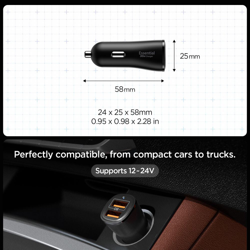 Biloplader Spigen EV302 Essential, 30W, 3A, 2 x USB-A, Sort ACP08700