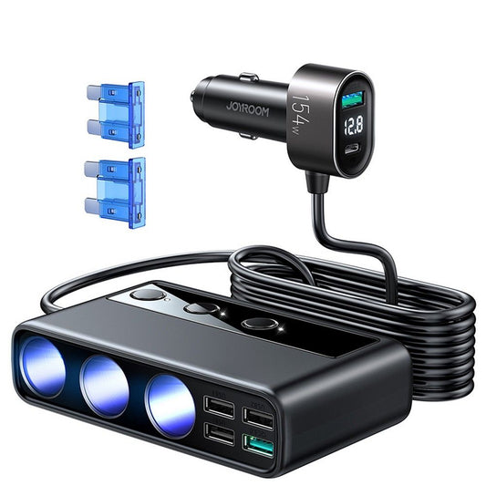 Joyroom billader JR-CL06, 154W, 3A, 1 x USB-C - 4 x cigarettænderforlænger - 4 x USB-A, sort JYR058BLK JYR058BLK