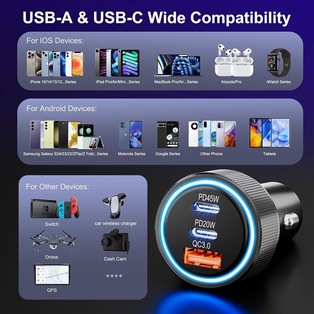 Biloplader Techsuit C6 DriveBoost, 60W, 3A, 1 x USB-A - 2 x USB-C, Sølv