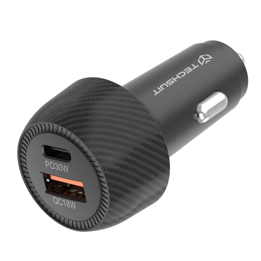 Biloplader Techsuit C7 CarbonVolt, 48W, 3A, 1 x USB-A - 1 x USB-C, Sort
